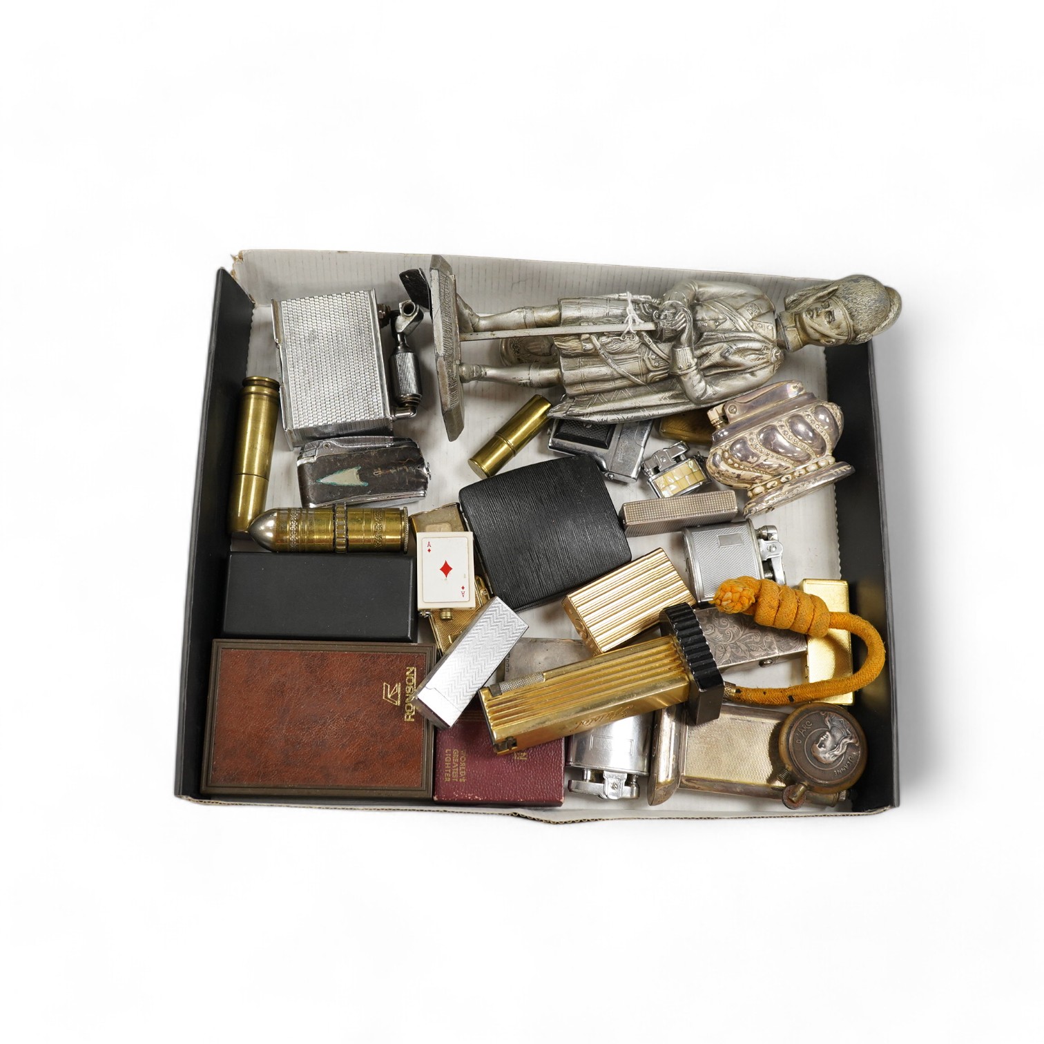 A collection of assorted cigarette lighters, including a large figural lighter, largest 23cm high. Condition - variable